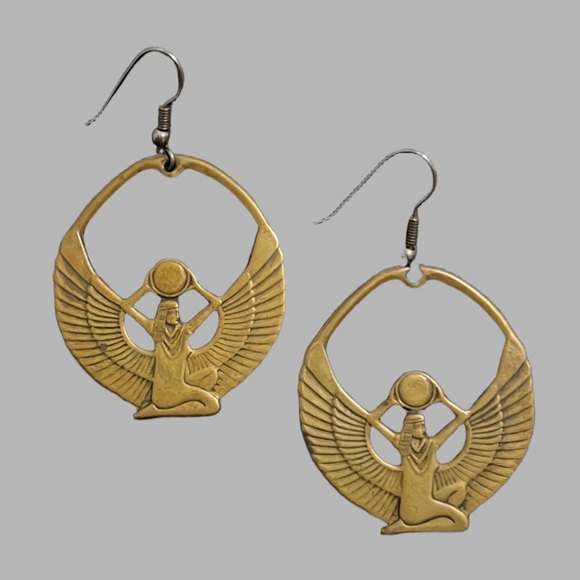 Vintage Art Deco Gold Brass Egyptian Goddess Eye Of Isis Deity Earrings - Picture 13 of 13